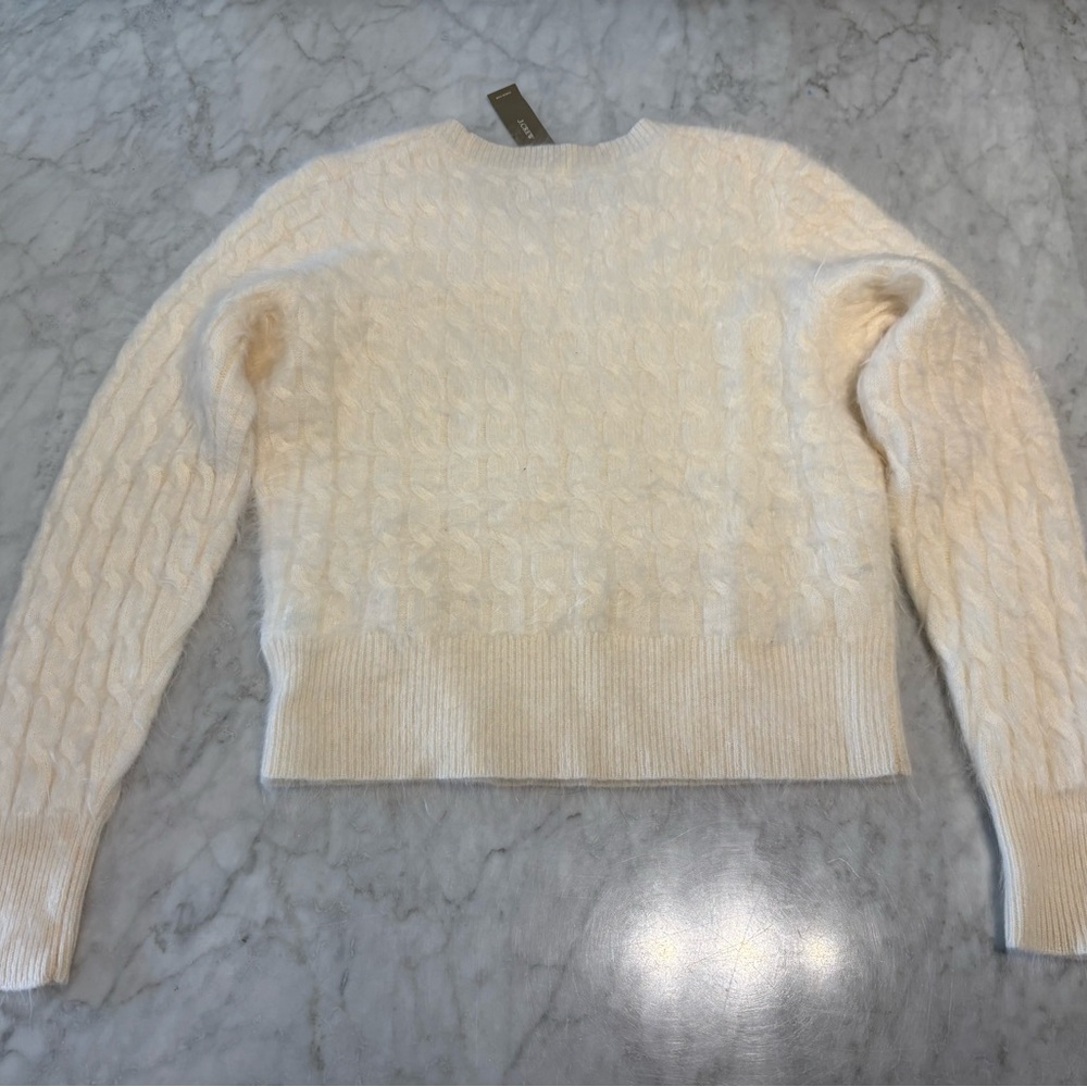 J Crew Small brushed cashmere shrunken cable knit crew neck sweater ivory - Picture 2 of 4